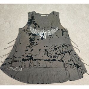 Christian Audigier Tank Top Womens M Gray Wing Logo High-Low Hem Vintage Y2K